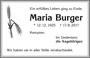 Traueranzeige von Maria Burger von Allgäuer Zeitung,Kempten