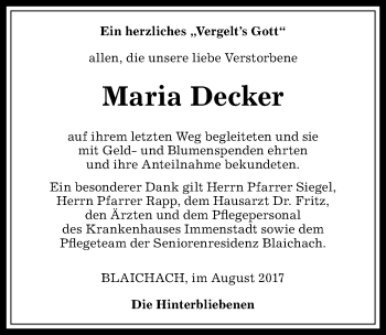 Traueranzeige von Maria Decker von Allgäuer Anzeigeblatt