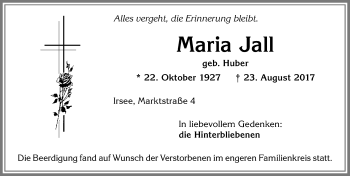 Traueranzeige von Maria Jall von Allgäuer Zeitung, Kaufbeuren/Buchloe