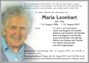 Traueranzeige von Maria Leonhart von Allgäuer Zeitung, Kaufbeuren/Buchloe