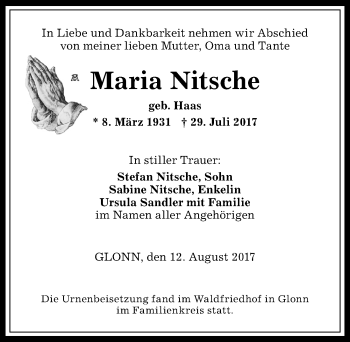 Traueranzeige von Maria Nitsche von Allgäuer Anzeigeblatt
