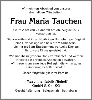 Traueranzeige von Maria Tauchen von Allgäuer Zeitung, Marktoberdorf