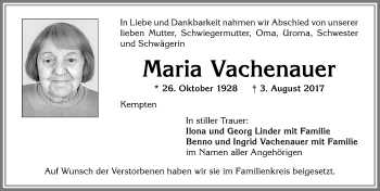 Traueranzeige von Maria Vachenauer von Allgäuer Zeitung,Kempten