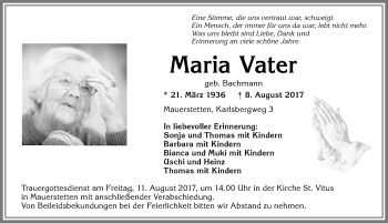 Traueranzeige von Maria Vater von Allgäuer Zeitung, Kaufbeuren/Buchloe