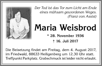 Traueranzeige von Maria Weisbrod von Allgäuer Zeitung, Kaufbeuren/Buchloe
