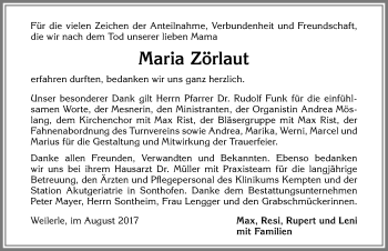 Traueranzeige von Maria Zörlaut von Allgäuer Zeitung,Kempten