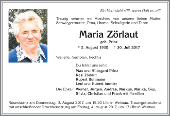 Traueranzeige von Maria Zörlaut von Allgäuer Zeitung,Kempten