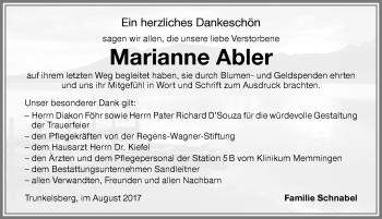 Traueranzeige von Marianne Abler von Memminger Zeitung