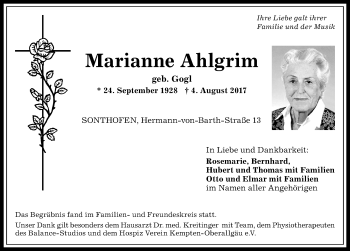 Traueranzeige von Marianne Ahlgrim von Allgäuer Anzeigeblatt