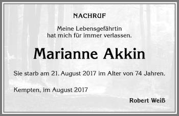 Traueranzeige von Marianne Akkin von Allgäuer Zeitung,Kempten