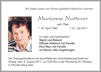 Traueranzeige von Marianne Natterer von Allgäuer Zeitung, Füssen