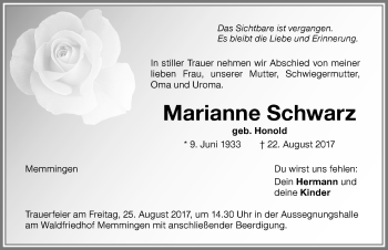 Traueranzeige von Marianne Schwarz von Memminger Zeitung