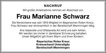 Traueranzeige von Marianne Schwarz von Memminger Zeitung
