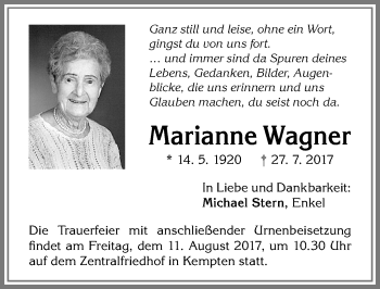 Traueranzeige von Marianne Wagner von Allgäuer Zeitung,Kempten