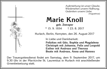 Traueranzeige von Marie Knoll von Allgäuer Zeitung