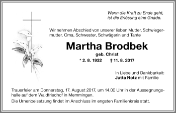 Traueranzeige von Martha Brodbek von Memminger Zeitung