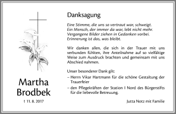 Traueranzeige von Martha Brodbek von Memminger Zeitung