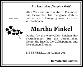 Traueranzeige von Martha Finkel von Allgäuer Anzeigeblatt