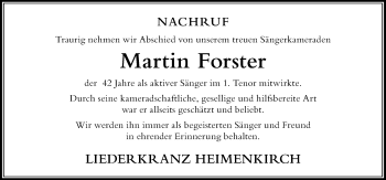 Traueranzeige von Martin Forster von Der Westallgäuer