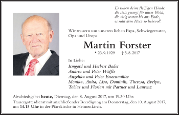 Traueranzeige von Martin Forster von Der Westallgäuer