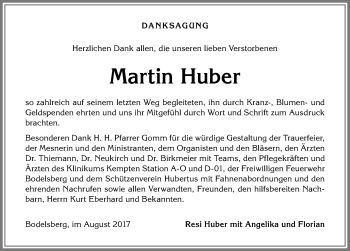 Traueranzeige von Martin Huber von Allgäuer Zeitung,Kempten