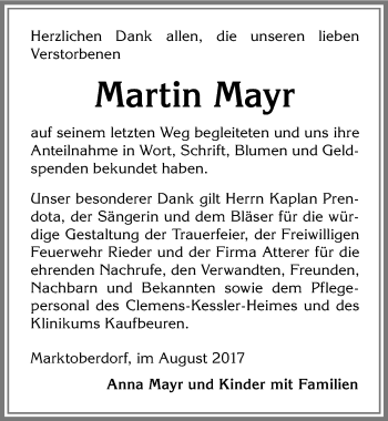 Traueranzeige von Martin Mayr von Allgäuer Zeitung, Marktoberdorf