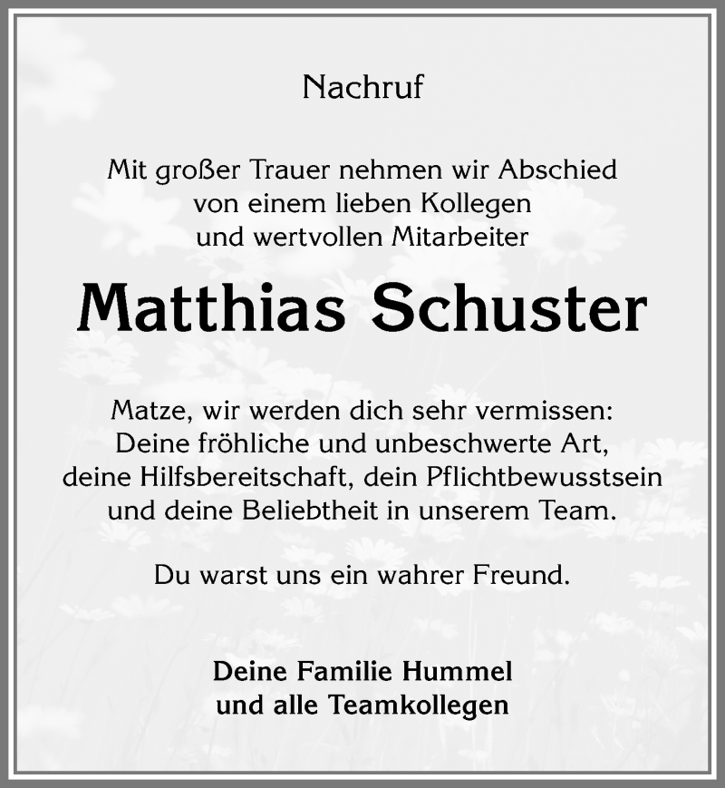  Traueranzeige für Matthias Schuster vom 22.08.2017 aus Allgäuer Zeitung,Kempten