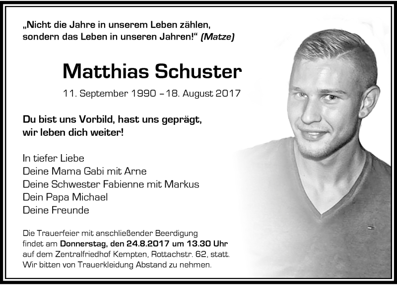  Traueranzeige für Matthias Schuster vom 21.08.2017 aus Allgäuer Zeitung,Kempten