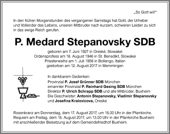 Traueranzeige von Medard Stepanovsky von Memminger Zeitung