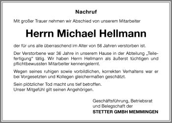 Traueranzeige von Michael Hellmann von Memminger Zeitung