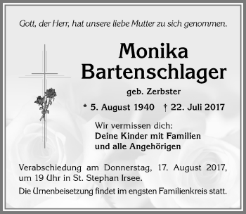 Traueranzeige von Monika Bartenschlager von Allgäuer Zeitung, Kaufbeuren/Buchloe