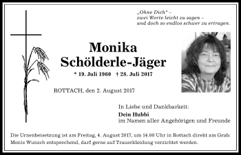 Traueranzeige von Monika Schölderle-Jäger von Allgäuer Anzeigeblatt