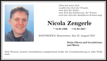 Traueranzeige von Nicola Zengerle von Allgäuer Anzeigeblatt