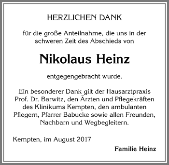 Traueranzeige von Nikolaus Heinz von Allgäuer Zeitung,Kempten