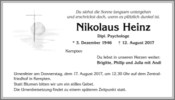 Traueranzeige von Nikolaus Heinz von Allgäuer Zeitung,Kempten