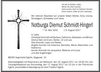 Traueranzeige von Notburga Diemut Schmidt-Hingerl von Der Westallgäuer