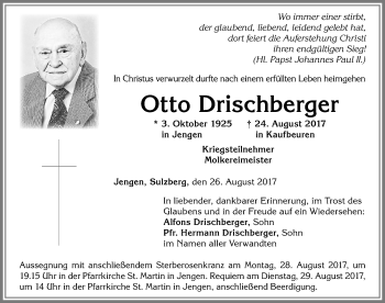 Traueranzeige von Otto Drischberger von Allgäuer Zeitung, Kaufbeuren/Buchloe
