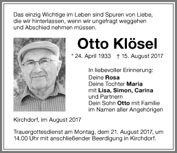 Traueranzeige von Otto Klösel von Memminger Zeitung