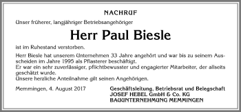 Traueranzeige von Paul Biesle von Allgäuer Zeitung, Kaufbeuren/Buchloe