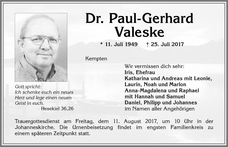  Traueranzeige für Paul-Gerhard Valeske vom 05.08.2017 aus Allgäuer Zeitung,Kempten