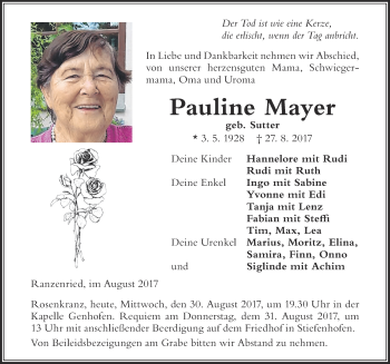 Traueranzeige von Pauline Mayer von Der Westallgäuer