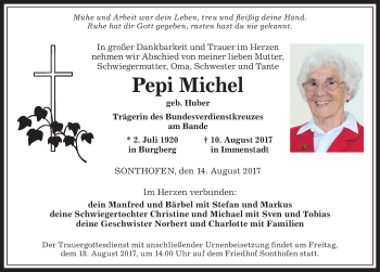 Traueranzeige von Pepi Michel von Allgäuer Anzeigeblatt