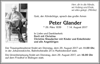 Traueranzeige von Peter Glander von Allgäuer Zeitung, Marktoberdorf