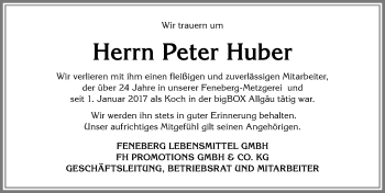 Traueranzeige von Peter Huber von Allgäuer Zeitung,Kempten
