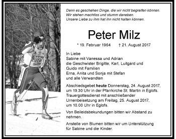 Traueranzeige von Peter Milz von Der Westallgäuer