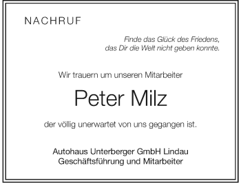 Traueranzeige von Peter Milz von Der Westallgäuer