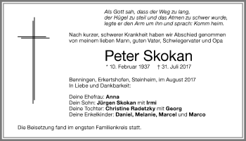 Traueranzeige von Peter Skokan von Memminger Zeitung