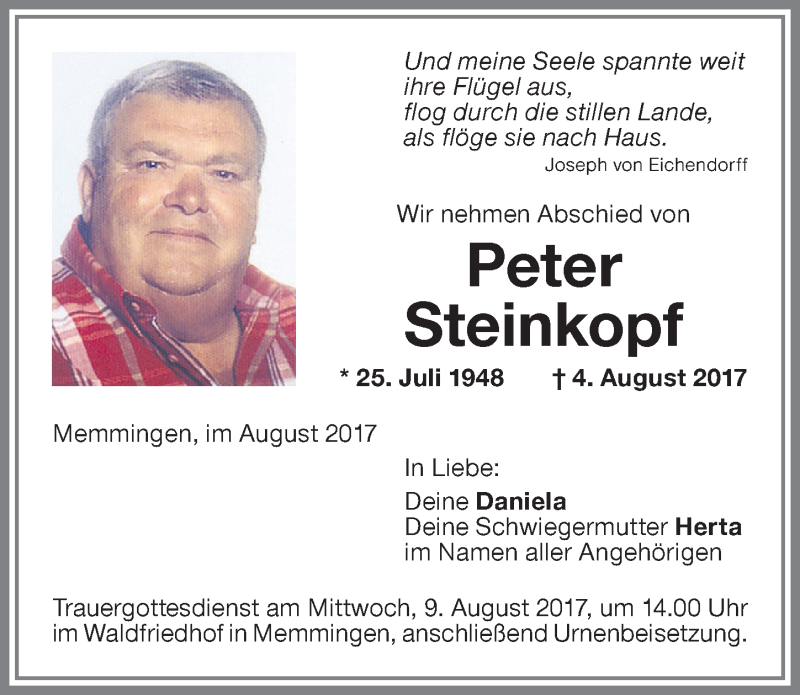  Traueranzeige für Peter Steinkopf vom 08.08.2017 aus Memminger Zeitung
