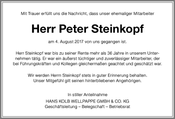 Traueranzeige von Peter Steinkopf von Memminger Zeitung