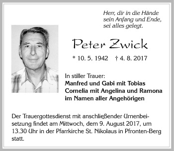 Traueranzeige von Peter Zwick von Allgäuer Zeitung, Füssen
